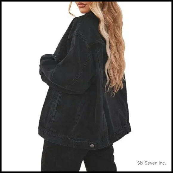 Distressed Oversized Denim Trucker Jacket Women's Long Sleeve Button Up - Picture 3 of 8